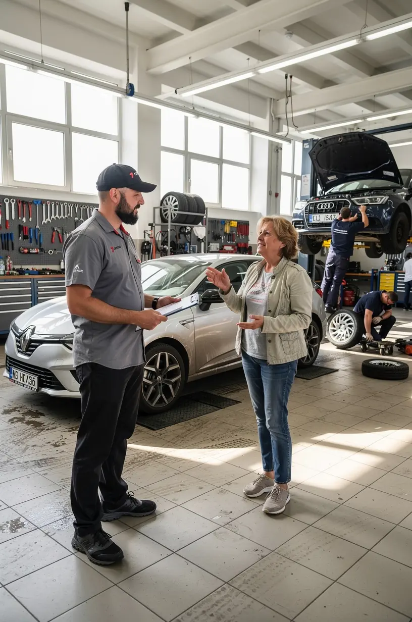 Interiér autoservisu s moderným náradím a odborníkmi pracujúcimi na oprave vozidla do 10 rokov veku.